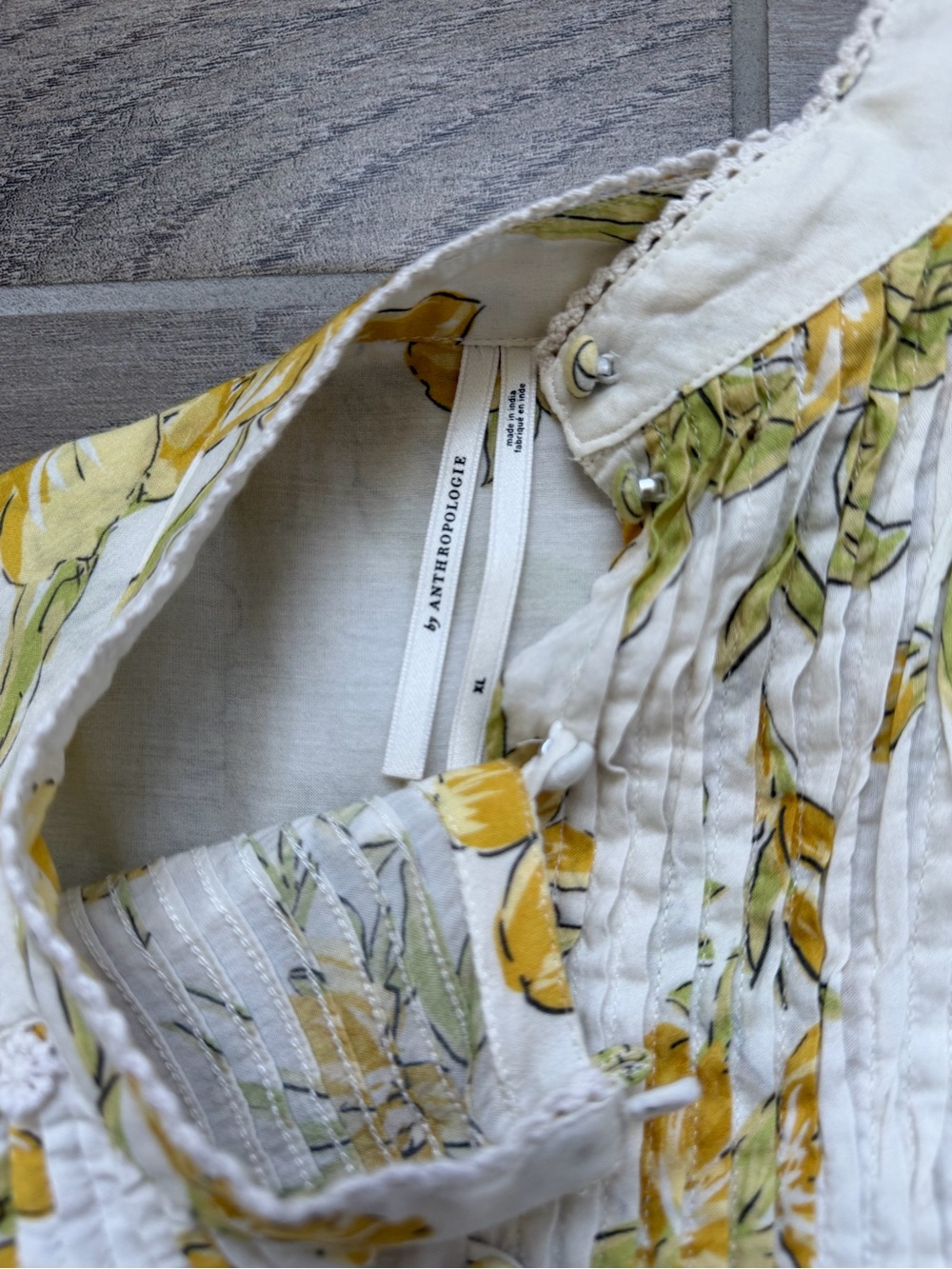 Peasant pintuck Anthropologie longsleeve yellow floral cottagecore buttondown XL - Picture 3 of 9
